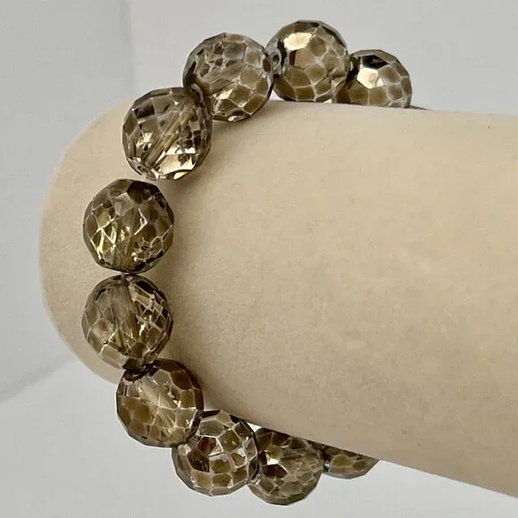 Faceted Czech Glass Fire Polished Gray Gold Crystal Chunky Bead Stretch Bracelet - Picture 12 of 16